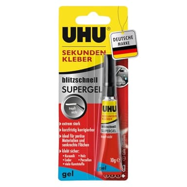 UHU Sekundenkleber extra stark | 10g Kleber Gel für präzises Kleben | Sekundenkleber Gel für Kunststoff, Metall, Holz, Keramik, Porzellankleber | Superkleber & Kunststoffkleber