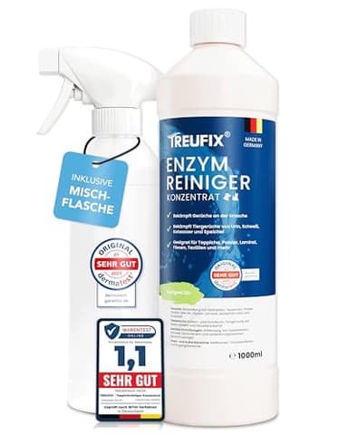 Treufix Enzymreiniger Konzentrat 1L inkl. 500ml Mischflasche – Hochwirksamer Geruchsentferner gegen Katzenurin & Hundeurin für Sofa, Teppich, Polster Geruchsneutralisierer – Made in DE