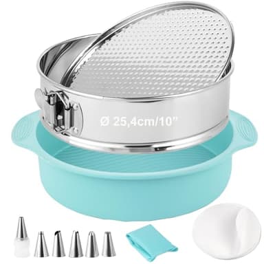 Hikaproligt Edelstahl Springform 26 cm rund, ohne Beschichtung, mit Backpapier-Einlage & abnehmbarem Boden, Auslaufsicher Silikon-Boden, ideal für Käsekuchen, Torten & Obstkuchen