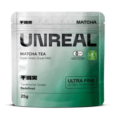 UNREAL® Ceremonial Bio Matcha – 100% Japanischer Zeremonieller Grüntee – Premium Qualität aus Shizuoka – Für Tee, Latte & Smoothies – Besonders fein vermahlen für maximale Cremigkeit – 25g
