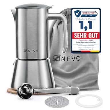 NEVO Espressokocher Induktion Edelstahl | 6 Tassen (300ml), BPA-frei & Nachhaltig | Für alle Herdarten & Camping, Spülmaschinengeeignet | Premium-Set Mokkakanne – Stilvoll für echte Kaffeeliebhaber