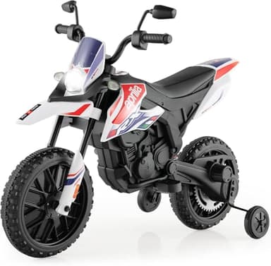 FANTASK 12V Elektromotorrad für Kinder 5,5-6 km/h, Kindermotorrad mit Stützrädern & Musik & Scheinwerfer, schwarz-weißes Motorrad für Kinder von 3 bis 8 Jahren
