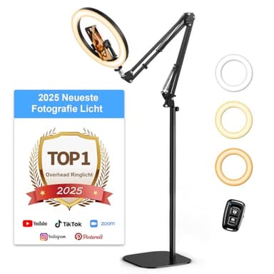 Upgrade Ringlicht Ringleuchte mit Stativ Overhead, Evershop 10” Handy Stativ mit LED Ringlicht Flexibel 70,8” Höhe& 360°Lichtring Ring Light mit Fernbedienung Blitzgeräte für Tiktok YouTub,CRI>95