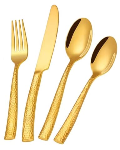 SHEUMNT Gold Gehämmertes Besteckset, 24-teiliges Hochleistungs-Besteckset aus Edelstahl für 6 Personen, Besteckset in Lebensmittelqualität, Spiegelutensiliensets für das Restaurant zu Hause