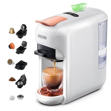 CAFELFFE MK-606 5-in-1 Kapsel-Kapsel-Kaffeemaschine, 19 Bar Heiß-/Kaltgebrüh-Espressomaschine, kompatibel mit K-Cup/Nes Original/DG/44 mm ESE Pods & Boden, 7 Wasserstufen, Zuhause/Büro, Weiß