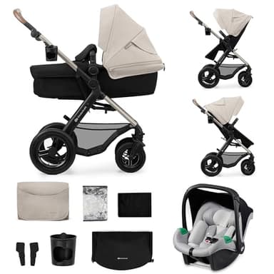 Kinderkraft MOOV2 AIR Kinderwagen 3 in 1 Kinderwagenset bis 22 kg mit Kindersitz I-SIZE 40-75 cm, Buggy Funktion, Liegeposition verstellbar, Große ausziehbare Verdeck, Aufblasbare Räder, Grau