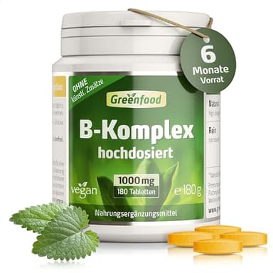 Vitamin B Komplex, hochdosiert, 1000mg - 180 Tabletten, vegan. Alle B Vitamine (B1, B2, B3, B5, B6, B7, B9, B12) – mit hoher Bioverfügbarkeit. OHNE künstliche Zusätze - laborgeprüft. Von Greenfood.
