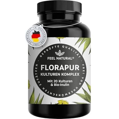 Florapur Kulturen Komplex - 180 magensaftresistente Kapseln - 3 Monatsvorrat - 20 Bakterienkulturen & Bio Inulin - 20 Mrd. KbE je Tagesdosis - Milchsäurebakterien, Bifidobakterien - vegan