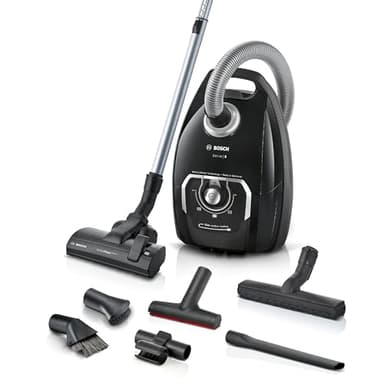 Bosch Staubsauger mit Beutel Serie 8 BGL8XALL, Testsieger, ideal für Allergiker, Hygiene-Filter, 10 Jahre Motorgarantie, Hartbodendüse, XXL-Polsterdüse, langes Kabel, Made in Germany, 650 W, schwarz