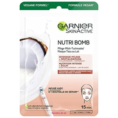 Garnier Tuchmaske, Gesichtsmaske für trockene und müde Haut, Intensive Pflege und Revitalisierung, Vegane Formel mit Kokosmilch und Hyaluronsäure, Nutri Bomb, 28 g