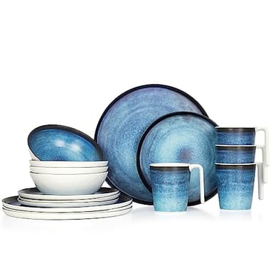 Moritz Camping Tafelgeschirr aus Melamin für 4 Personen 16-teilig | spülmaschinenfest | Picknick Geschirrset | Geschirr Campinggeschirr I Deep Ocean Design