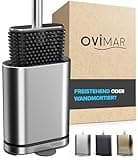 ovimar Toilettenbürste Omofyr | Silber | Silikon Klobürste | WC Bürste mit Belüftung | Edelstahl | abnehmbare Tropfschale | nur 6cm breit| stehend oder Wandbefestigung im Badezimmer