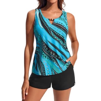 Hanna Nikole Tankini Oberteil mit Badeshorts Modisch Drucken Tanktop Zweiteiliger Badeanzug Damen Sport Tankini Damen Set Push Up Blaue Linie
