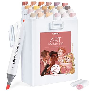 Ohuhu Alkoholmarker Stifte Set, 24 Farben Slim Broad und Feines Kunstmarker-Set mit Doppelspitze für Künstler Erwachsene zum Azusmalen Professionelle Illustration Modedesign, Kaala-Serie