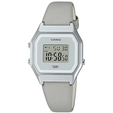 Casio Damen Quartz Armbanduhr, 33.50mm Gehäusegröße mit grau digital Zifferblatt und grau Lederarmband Armband LA680WEL-8EF