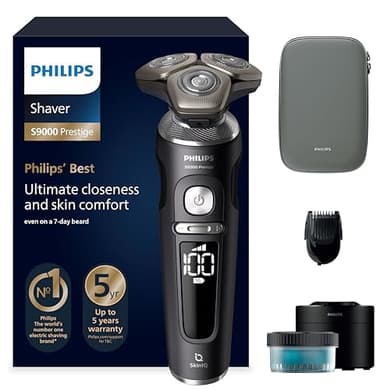 Philips Rasierer S9000 Prestige - Elektrischer Nass- und Trockenrasierer, Schwarz matt, Lift & Cut-Rasiersystem, SkinIQ-Technologie, Bartstyler, Reinigungsstation & Premium-Etui (Modell SP9840/31)