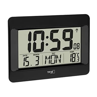 TFA Dostmann Wanduhr digital, 60.4519.01, Funkuhr mit Innentemperatur, Wochentag (8 Sprachen), Datum, Küchenuhr, Zeitzoneneinstellung, schwarz, Kunststoff, (L) 215 x (B) 160 x (H) 26 (68) mm