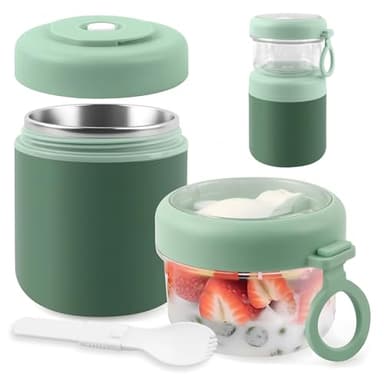 Veftsvy Großer Edelstahl Müslibecher to Go, Joghurtbecher to Go Mit Löffel, 530ml+330ml Tragbarer Auslaufsicherer Müslibecher Geeignet für Frühstück Arbeit Picknick (Grün)