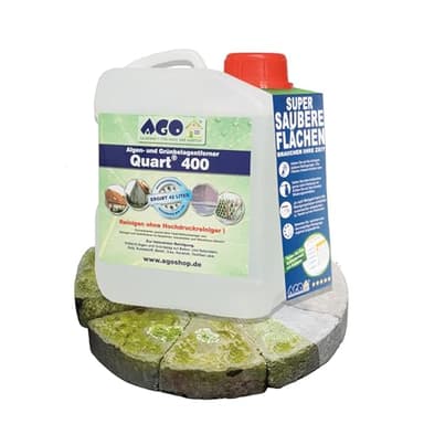 AGO Quart 400 Grünbelagentferner 2 Liter - chlor- und säurefrei / 400 qm Algen und Grünbelag Entferner/Steinreiniger/Terrassenreiniger/Grünspan Entferner/Naturstein Reiniger
