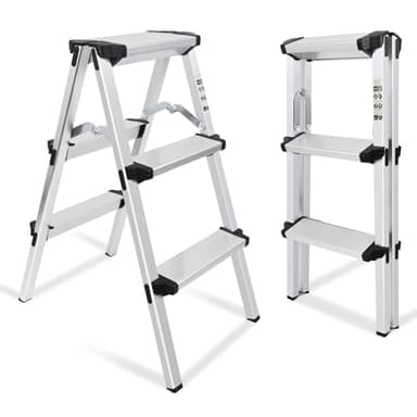 kisidus Trittleiter 2 x 3 Stufen, Alu Klapptritt, Stehleiter beidseitig begehbar, Haushaltsleiter bis 150 kg belastbar, Stufenleiter, Mehrzweckleiter, Silber