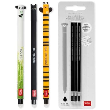 LEGAMI Set mit 3 radierbaren Gelstiften + 3 schwarzen Nachfüllminen, mit thermoempfindlicher Löschtinte, verschiedene Tintenfarben und Stift-designs, 0,7 mm Spitze, Panda-, Katzen- und Bienen-Design