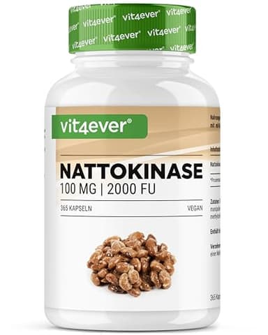 Nattokinase - 365 Kapseln mit je 100 mg (20.000 FU/g) - 12 Monatsvorrat - Vegan - Ohne Gentechnik - Ohne unerwünschte Zusätze