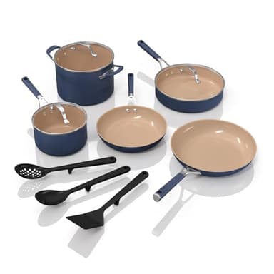 Ninja Keramik-Kochgeschirr-Set, verlängerte Lebensdauer, 11-teiliges Küchen-Kochgeschirr-Set mit Komfortgriff, antihaftbeschichtete Bratpfannen, Töpfe, PTFE-frei, ofen- und spülmaschinenfest,
