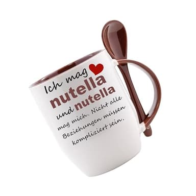 Crealuxe Tasse mit Löffel - Ich mag Nutella und Nutella mag mich - Löffeltasse, Kaffeetasse, Bürotasse, personalisiert mit Name, Keramik, 330 ml, Rund, Becher, Zuhause