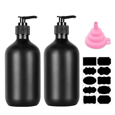 2 STK 500ml Seifenspender, Shampoo Flaschen zum Befüllen, Spülmittelspender, Leere Pumpflaschen Duschgel Dispenser für Küche Bad Lotionen Shampoos, mit Trichter & Etiketten (Mattschwarz) (Schwarz)