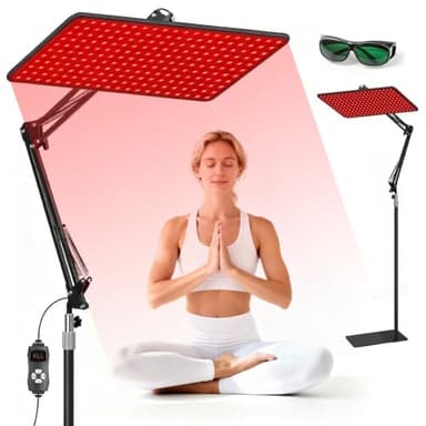 Rotlichtlampe für Ganzkörper & Gesicht mit 200 LEDs, Infrarot-Wärmelampe mit 5 Helligkeitsstufen und Tri-Wellenlängen (660nm, 850nm, 940nm), Großes LED-Panel inkl. verstellbarem Ständer & Schutzbrill