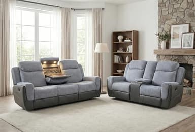 3+2 Relax Sofa Set, Manuell Verstellbar, Stoff & Leder, 3-Sitzer mit LED-Getränkehaltern & Wireless Charger, 2-Sitzer mit Konsole, Stauraum & USB-Ladeanschluss, Modernes Liegesofa-Set