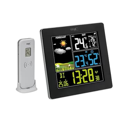 TFA Dostmann Wetterstation Funk mit Außensensor SUN2 digital, 35.1174, für Innen und Außentemperatur, großes Farbdisplay, mit Wohnklima, inkl Funkuhr mit Datum, Hygrometer, mit Netzadapter, schwarz