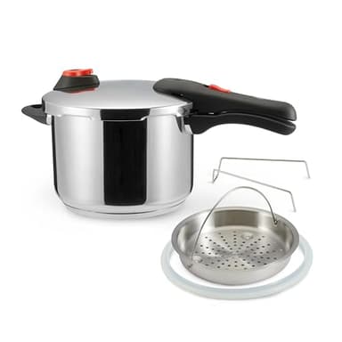 Amazon Basics Schnellkochtopf aus Edelstahl - mit Dampfgarer, induktionsgeeignet - 6 l, Silber
