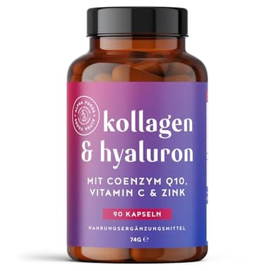 Hyaluron Kollagen Komplex | 90 Kapseln | Hochdosiert mit CoQ10, Hyaluronsäure, Vitamin C, D, A, Zink & Magnesium | Hyaluron Collagen | für Haut, Haare, Nägel, Knochen und Gelenke | Alpha Foods