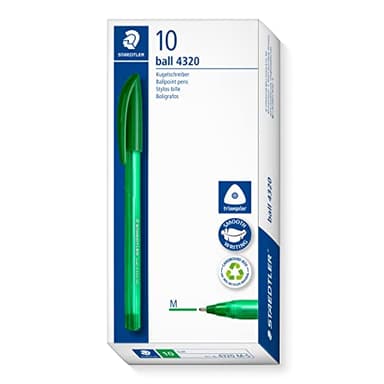 STAEDTLER dreikant stick Kugelschreiber, Schreibfarbe grün, Linienbreite M ca. 1,00 mm, für entspanntes Schreiben, 10 grüne Kugelschreiber im Kartonetui, 4320 M-5
