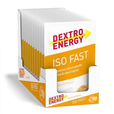 DEXTRO ENERGY ISO FAST FRUIT MIX (12x56g Sachets) - Hypotones Elektrolyt Pulver mit Natrium, Magnesium, Kalium und Chlorid, schnelle Kohlenhydrat und Mineralstoff Versorgung, Glutenfrei, Laktosefrei