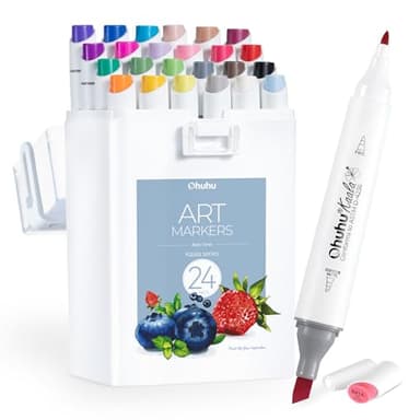 Ohuhu Alkohol Marker Stifte, 24 Grundfarben Schmales Breites und Feines Kunstmarker-Set mit Doppelspitze für Künstler, Erwachsene Professionelle Designer, Kaala-Serie