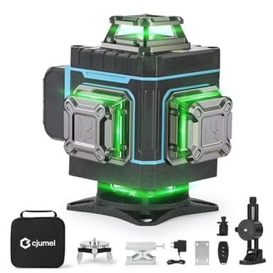 Kreuzlinienlaser - cjumel 4 x 360° Laser Wasserwaage Selbstnivellierendend, 4D 16 Linienlaser Grün Kreuzlaser für Innenbereich Baustelle Mit 6000mAh Batterien, Fernbedienung