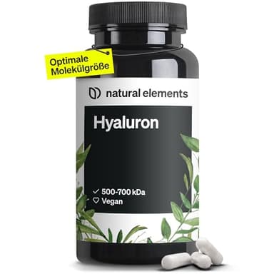 natural elements Vegane Hyaluronsäure – 500 mg Hyaluron/Kapsel – 90 Kapseln für 3 Monate – 500–700 kDa – hochdosiert, ohne Zusätze – in Deutschland produziert & laborgeprüft