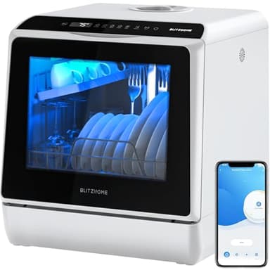 Mini Spülmaschine, BLITZHOME Mini Geschirrspüler App Steuerung, 6 Programme Tragbarer Smart Tischgeschirrspüler mit 5L Wassertank, mit/ohne Wasseranschluss Benutzbar, Trockenfunktion, für Camping