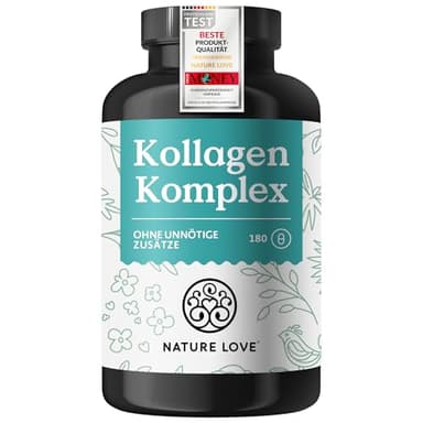 NATURE LOVE® Kollagen Komplex – 180 Kapseln – mit Hyaluron, Biotin, Selen, Zink, Vitamin C aus Acerola & Silicium aus Bambusextrakt – Collagen hochdosiert – laborgeprüft und in Deutschland produziert