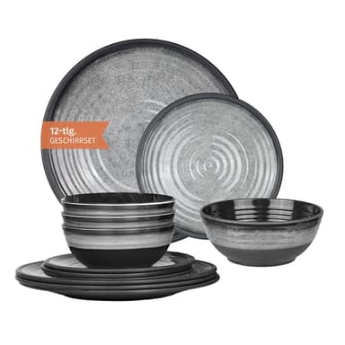 Camping Tafelgeschirr aus Melamin für 4 Personen 12-teilig | spülmaschinenfest | Picknick Geschirrset | Geschirr Campinggeschirr I Stone Grey Design