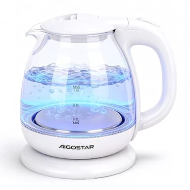 Aigostar Glas Wasserkocher, Kleiner wasserkocher glas mit led-beleuchtung, 1 Liter, 2200W, Wasserkocher Klein, Schnellkochfunktion, Abschaltautomatik Trockenschutz, BPA frei, Weiß (Weiß, 1L)