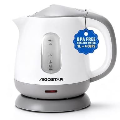 Aigostar Juliet- Wasserkocher Klein 1 Liter, 1100W, Niedriger Stromverbrauch, BPA-Frei, Mini Wasserkocher für Schlafzimmer, Reisen, Camping, Büro, Kompakt & Leicht, Abnehmbarer Filter, Weiß Grau