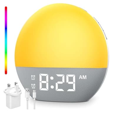 Tageslichtwecker, Lichtwecker Sonnenaufgang Wecker mit Digital Doppelalarm 18 Farblicht 20 Helligkeit 24 Naturgeräusche FM-Radio, Farbige Sonnenaufgangssimulation,Geschenke für Frauen & Männer