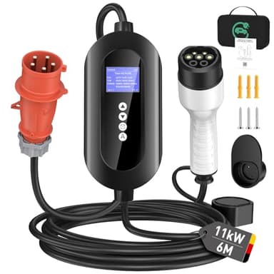 FNITAER Mobile Wallbox 11 kW mit CEE 16A Stecker (3-phasig), 6 m Typ-2-Ladekabel, 8–16 A einstellbar, Mobile Ladestation mit Stromzähler & 0–24 h Timer, für BEV & PHEV, Schwarz