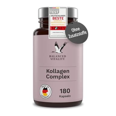 Kollagen Complex - 180 Kapseln für 3 Monate – mit Hyaluronsäure, Granatapfelextrakt, Magnesium & Vitamin C - für Haut, Haare & Nägel – ohne Zusatzstoffe - Made in Germany - Balanced Vitality