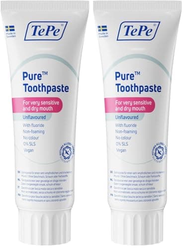 TePe Pure Zahnpasta, parfümfrei, sehr sanft für den täglichen Gebrauch, entwickelt für sehr empfindliches Zahnfleisch und trockenen Mund, altersgerechter Fluorgehalt. (Packung mit 2)