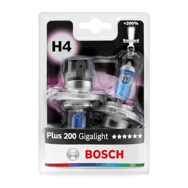 Bosch H4 Plus 200 Gigalight Halogen-Glühlampe für Auto-Scheinwerfer, 12 V 60/55 W, 200% mehr Licht - Lampensockel Typ P43t - 2er-Pack Ersatz-Scheinwerferlampen