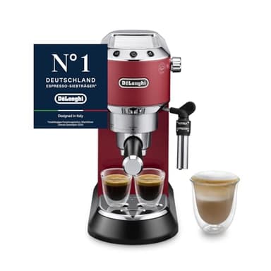 De'Longhi Dedica Style - Perfetto Kompakte Siebträgermaschine Espressomaschine mit Tasten, manuellem Milchaufschäumer für Espresso und Cappuccino, ESE Pad geeignet, 15cm breit, Rot (EC685.R)
